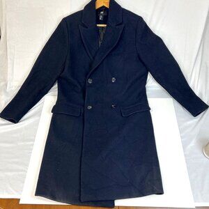 H&M Womens Long Wool Coat Overcoat size 36R Blue